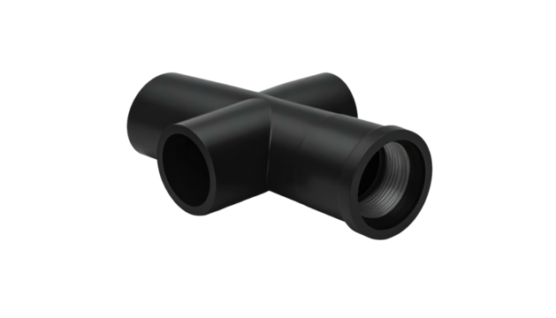 Black cross pipe fitting on black background, with one threaded port. Smooth plastic surface. Minimalist