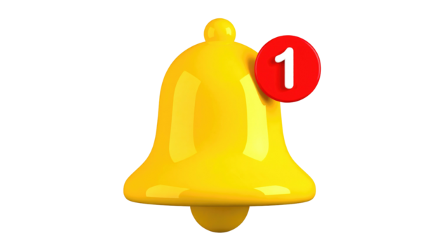 Yellow notification bell with a red circle and white '1' for a new alert, isolated against a black background