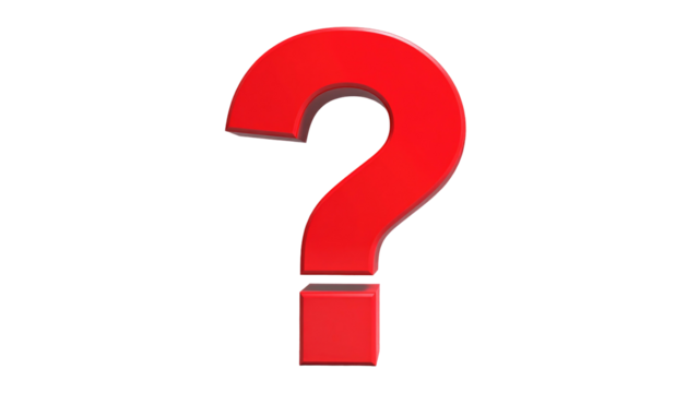 A red, 3D question mark floats against a stark black background, casting a subtle shadow and creating depth