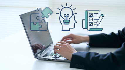A marketer leverages a digital marketing dashboard featuring puzzle charts, a creative icon, and a to-do list to visualize business analytics and facilitate strategic problem-solving