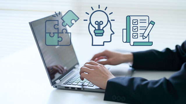 A marketer leverages a digital marketing dashboard featuring puzzle charts, a creative icon, and a to-do list to visualize business analytics and facilitate strategic problem-solving