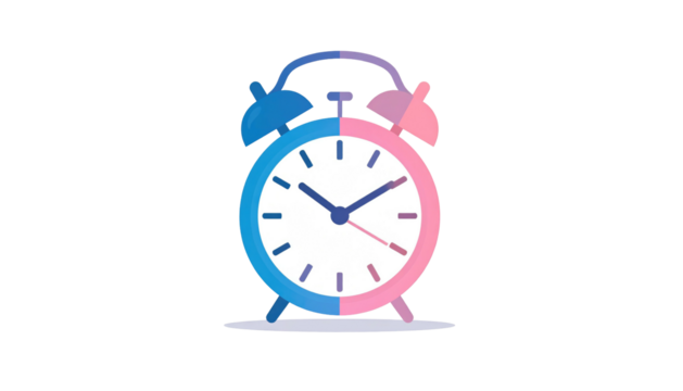 A clock, half blue and half pink, on black background. Shows 1010 time, with subtle white shadow below