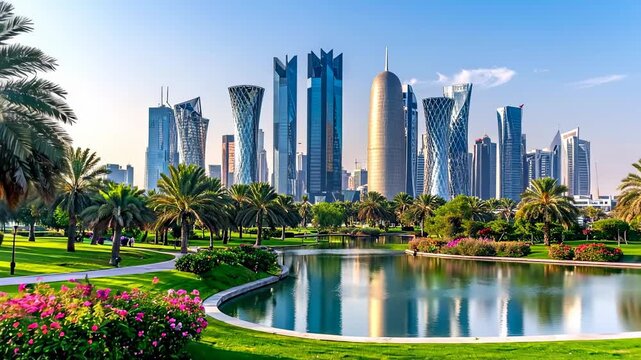 Modern Doha Qatar Skyline View from a Lush Green Park with a Lake.