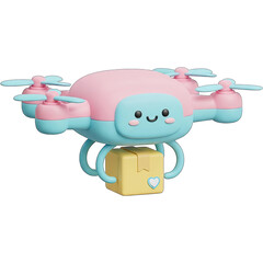 Cute cartoon drone delivering a package with a happy face.