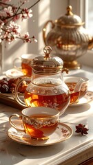 Elegant Tea Set on Marble Surface with Warm Lighting and Floral Accents