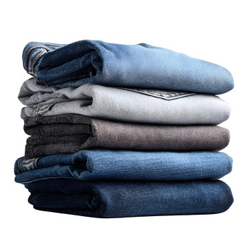Stack of folded denim jeans in blue and gray shades isolated on white background, casual clothing pile for retail catalog, laundry, wardrobe organization, ecommerce