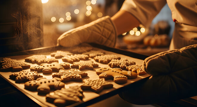 Baker taking gingerbread cookies from oven in festive kitchen, warm professional realism.
