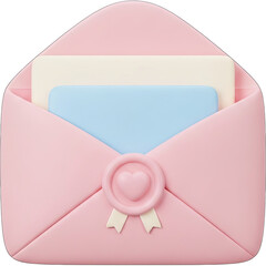 Cute Pink Envelope with Heart Seal and Blue Card Inside.