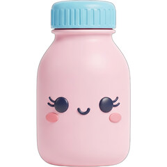 Cute pink water bottle with a smiling face and blue cap.
