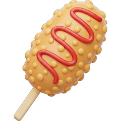 Delicious Corn Dog with Ketchup Drizzle on Wooden Stick.