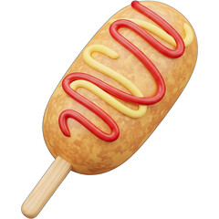 Delicious corn dog with mustard and ketchup on a wooden stick.