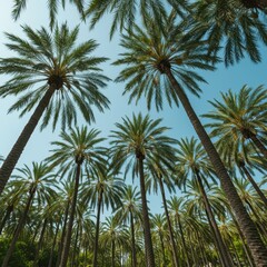 Fototapeta premium A beautiful subtropical landscape filled with tall green palm trees under a brilliant blue summer sky providing cool shade and tranquility ,tree ,subtropical ,blue
