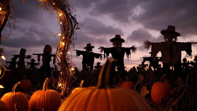 Halloween pumpkin patch at dusk with scarecrows and glowing vine archway decoration