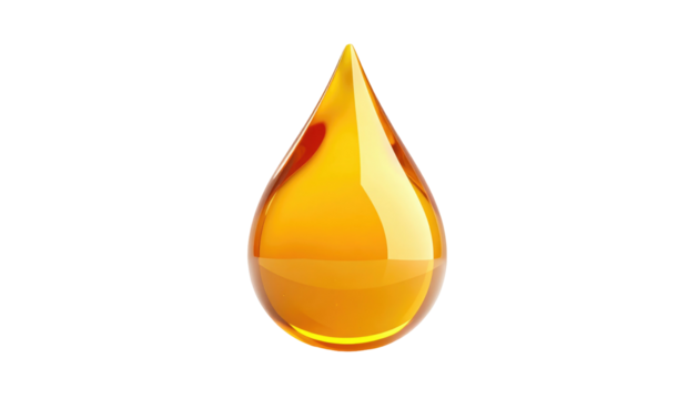 A golden liquid droplet hangs against a solid black background, lit to give a 3D shiny and reflective appearance