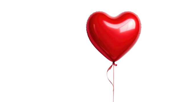 A glossy, bright red heart-shaped balloon ascends against a stark black background with ribbon accent at its base - Powered by Adobe