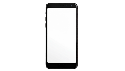 A sleek, black smartphone displays a bright, blank white screen against a stark black background, centered view