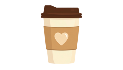 Cartoon paper cup with a brown lid and a heart-shaped paper band over a black backdrop