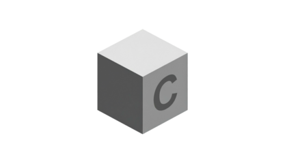 A gray cube with a light gray 'C' on one face, against a black background, displayed in isometric perspective