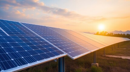 Solar Panels Sunset: Renewable Energy, Clean Power Stock Photo