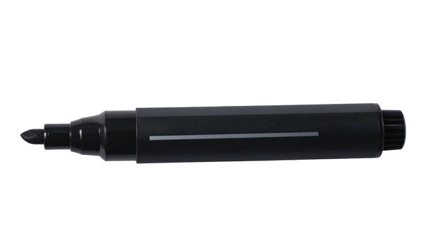 A black marker with a chisel tip lays horizontally against a plain black background