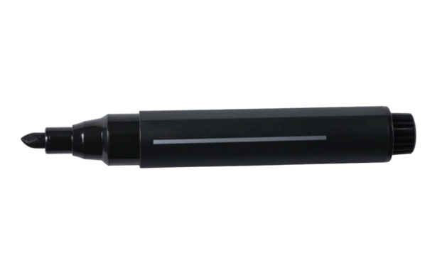 A black marker with a chisel tip lays horizontally against a plain black background