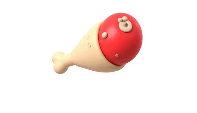 Cartoonish meat on bone, rendered with soft edges, floats on a black background. Minimalist, childish, and cheerful