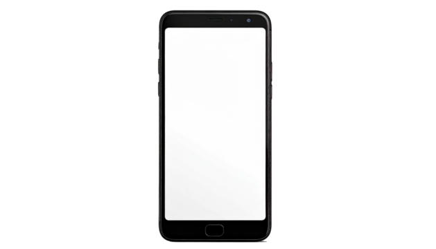 A sleek, black smartphone displays a bright, blank white screen against a stark black background, centered view