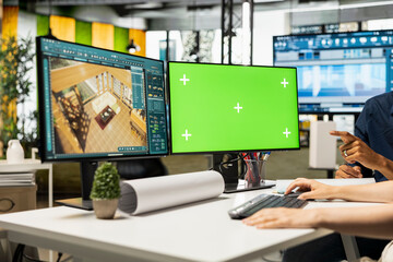 Contractors team decorating apartment layout on software next to isolated mockup, working with interior design tools for residential urban development project. Property decorations.