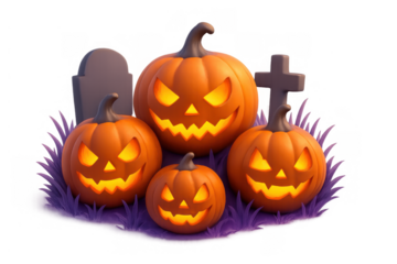 Halloween pumpkins glowing at night with scary jack-o'-lantern faces and tombstones in a spooky scene