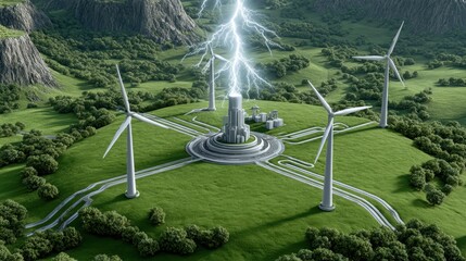 Wind Turbine Power, Sustainable Energy, Green Technology, Lightning