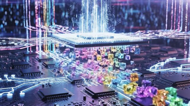 Futuristic Central Processor Unit Analyzing Digital Data Streams.