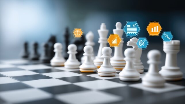 Digital chessboard with glowing pieces in virtual space. Symbol of strategy, decision making, artificial intelligence, and data analysis.