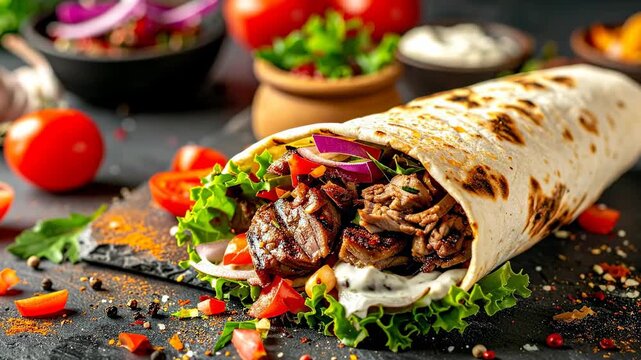 Sprinkling Spices on a Freshly Made Meat and Salad Wrap.