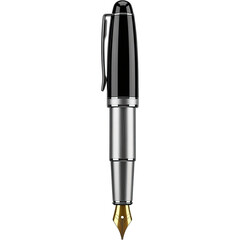 Elegant fountain pen with a gold nib and a sleek black and silver design.