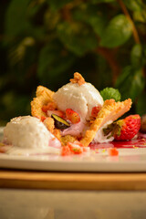 Crispy waffle bowl filled with scoops of ice cream and fresh fruits, styled as a gourmet dessert. A colorful and appetizing image that highlights freshness, sweetness, and the visual pleasure of an ar