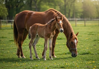 Fototapeta premium A brand new foal stands shakily beside its watchful mare in a lush green pasture bathed in warm springtime sunlight ,fragile ,nature ,animal