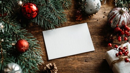 Festive holiday season display with blank card surrounded by decorations and greenery