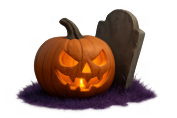 Jack-o'-lantern pumpkin glowing with candle light next to an old gravestone on purple grass, halloween spooky atmosphere, transparent background