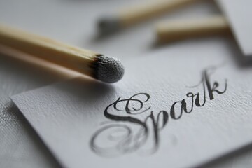 Fototapeta premium Close-up of matches arranged around a card featuring the elegant word 'Spark', highlighting creativity