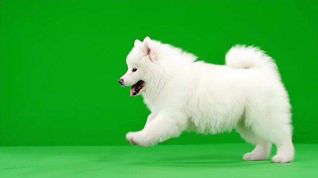 Adorable fluffy white Samoyed dog running on a green screen background.