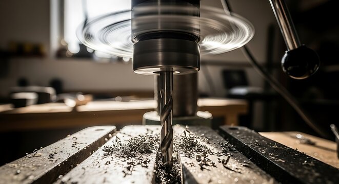 Close-up of a metal drill press in operation, showcasing precision and craftsmanship in a workshop environment