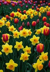 Cheerful yellow daffodils and colorful tulips bloom together in a lush garden display, signifying the vibrant essence of the spring season ,close up ,cultivated ,bloom
