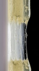 Close-up macro view of viscous, clear adhesive glue stretched between two surfaces, highlighting the sticky texture and strong bonding ability ,joining ,fix ,materials