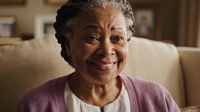 Elderly woman sitting on a beige sofa looking down indoor shot with soft lighting lifestyle concept