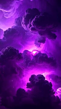 Epic storm clouds rolling, violet and purple hues, atmospheric weather with a striking bolt of light piercing through.