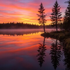 Obraz premium Stunning orange and pink hues reflecting perfectly on the glassy surface of a large wilderness lake during the tranquil early morning sunrise hour ,landscape ,light ,outdoors