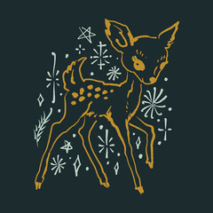 Winter Christmas New Year golden cute boho fairy tale baby rein deer silhouette without antlers animal icon print with snowflakes and evergreen brunches ornament elements, vector art flat dry brush