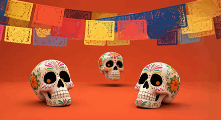 Colorful Sugar Skulls Displayed Under Festive Papel Picado Banners Against Warm