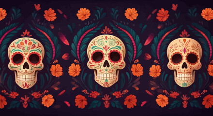 Day of the Dead Calavera Sugar Skull Art With Floral Motifs And Pixelated