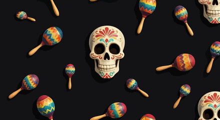 Day of the Dead Skull and Maracas Pattern on Black Background Festive